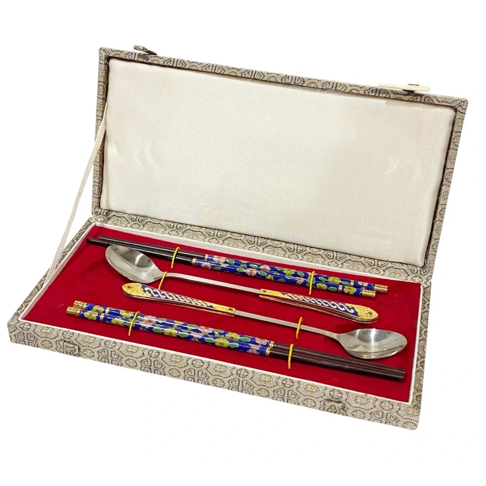 Vintage Cloisonné Chopstick and Spoon Set Silver Multi Color